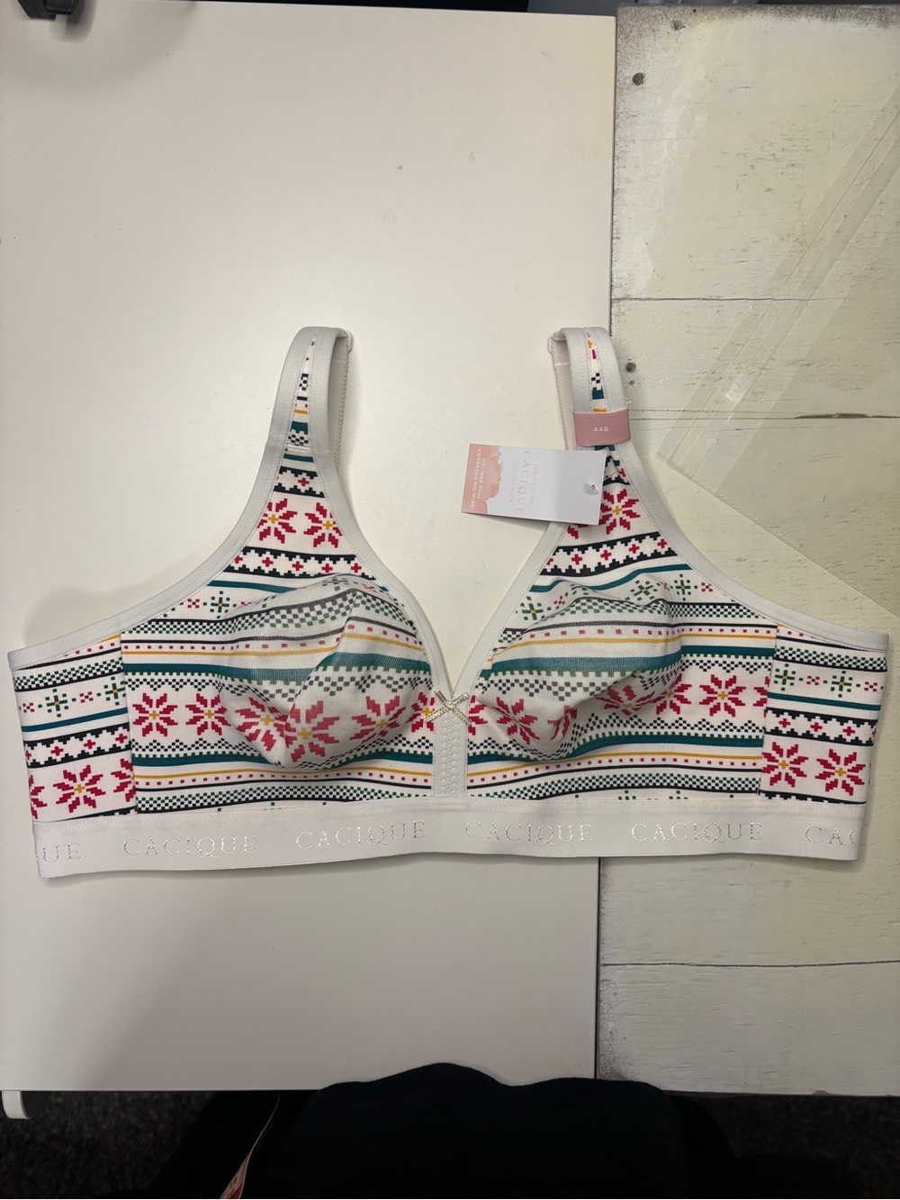 Cacique Lane Bryant Bra 44B Wireless Lightly Lined Fair Isle Holiday Cotton New